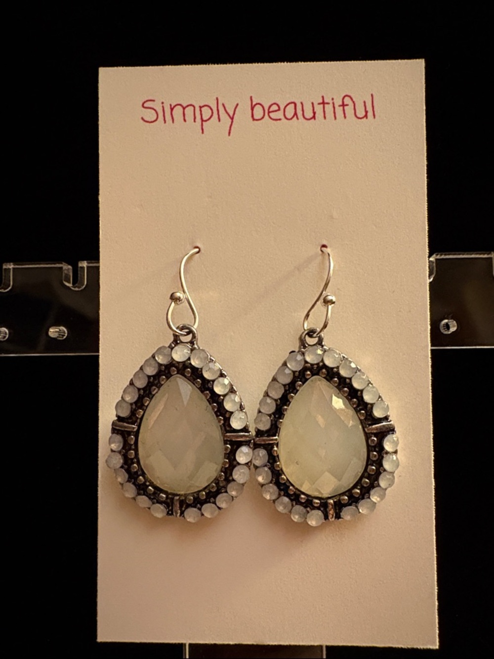 Simply Beautiful White Teardrop Dangle Earrings with Black Accents Silver Plated
